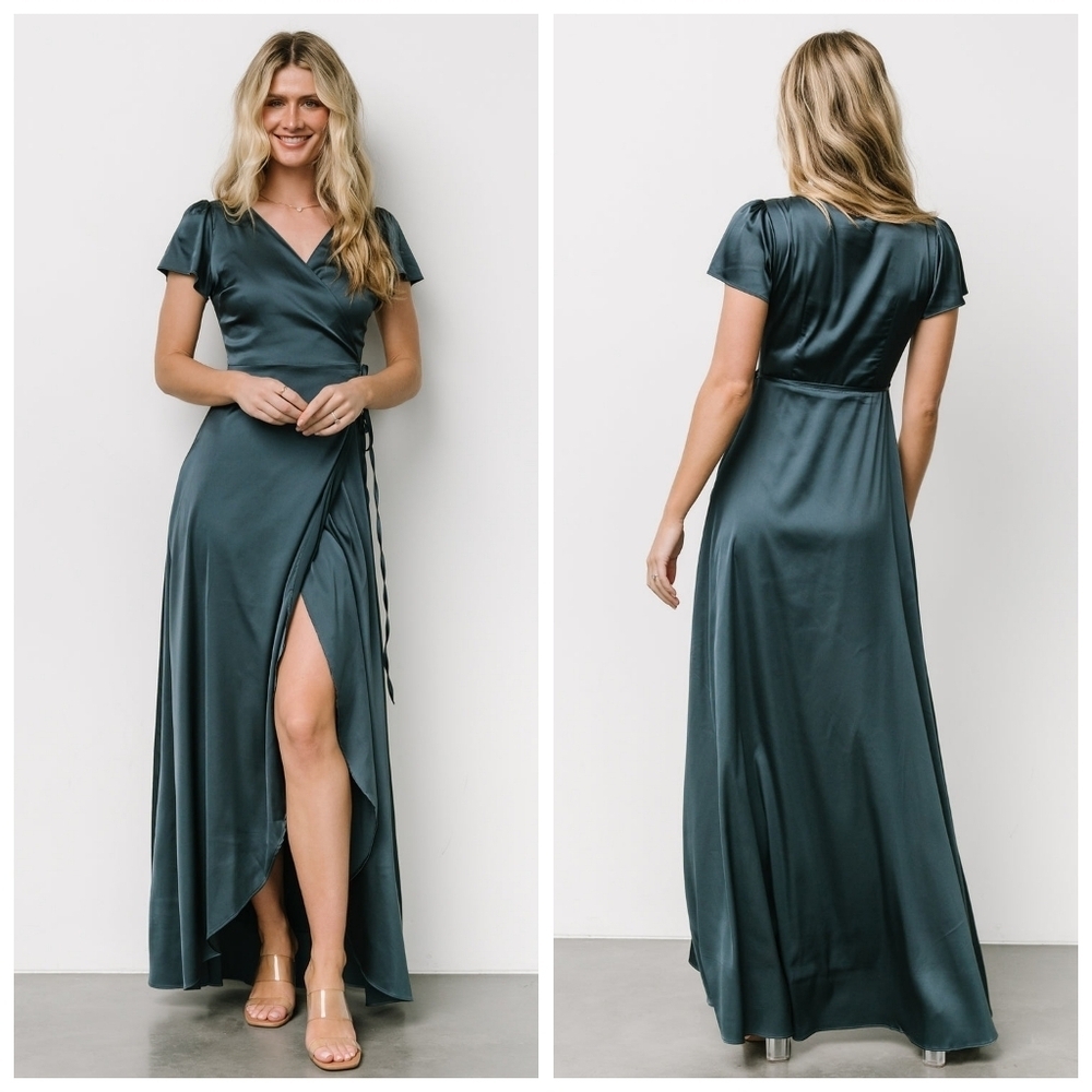 Baltic Born Krystal Deep Blue Satin Wrap Dress